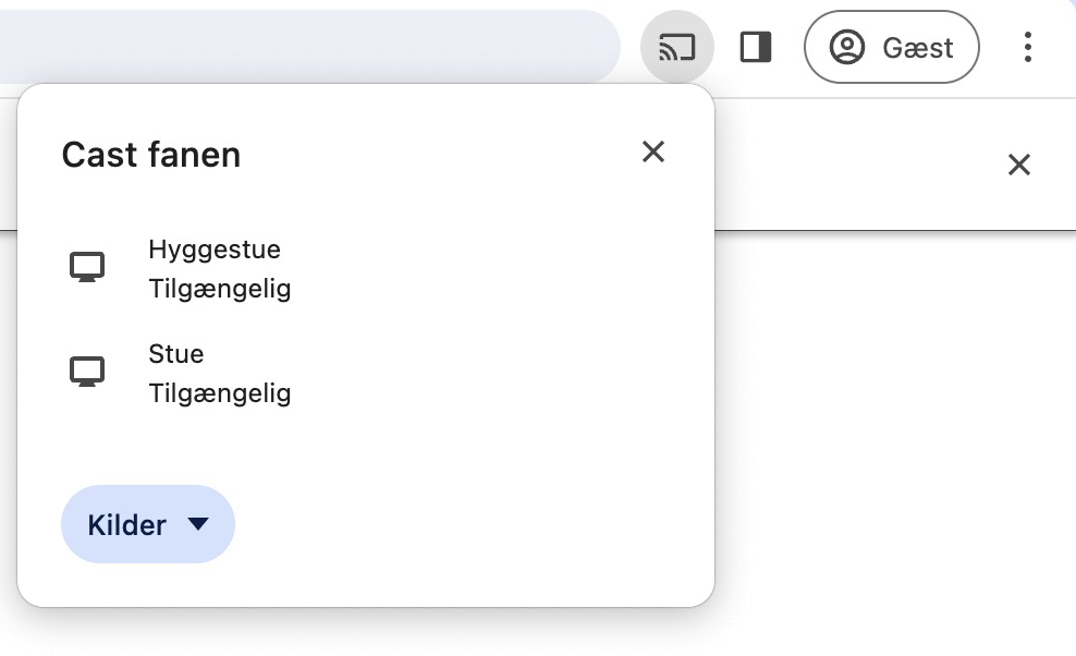 Sådan ser det ud, når du skal vælge din Chromecast i browseren Chrome.