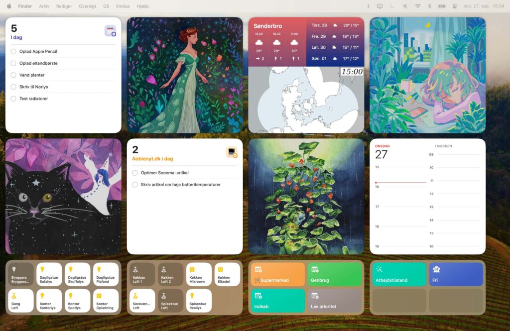 Eksempel på hvordan interaktive widgets kan bruges på baggrunden i macOS Sonoma