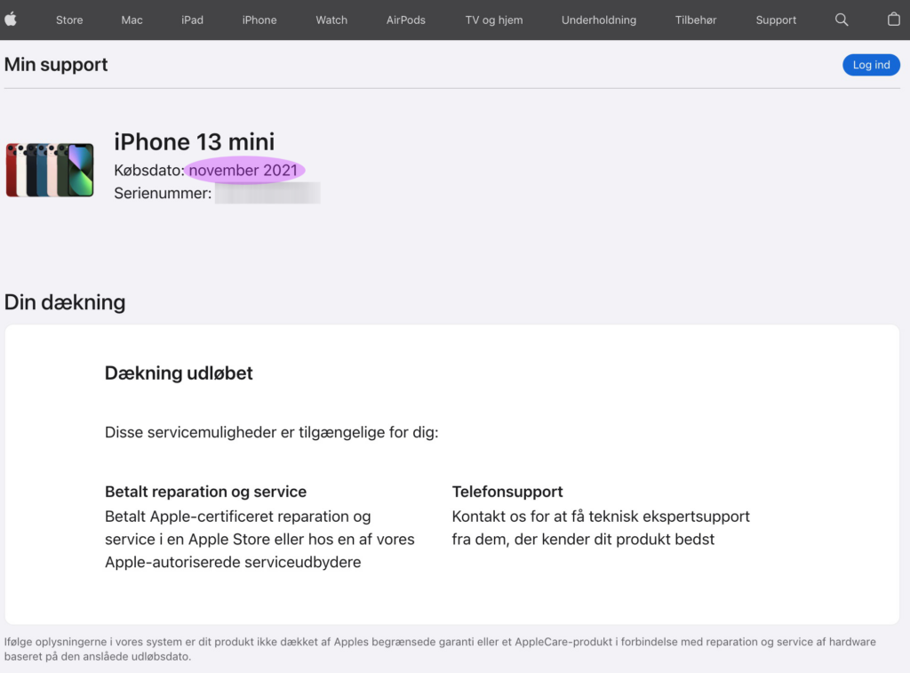Viser købsdatoen for den specifikke Apple enhed