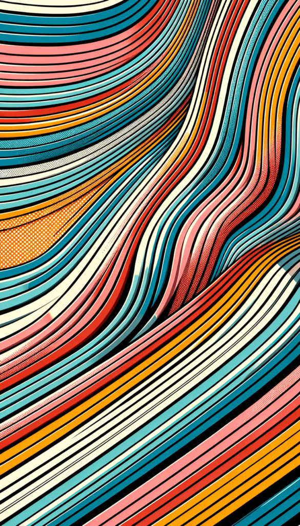 iPhone baggrunden viser et abstrakt mønster med bølgende linjer i forskellige farver som turkis, pink, gul og sort. Mønsteret inkluderer også punkterede sektioner og skaber en følelse af bevægelse.