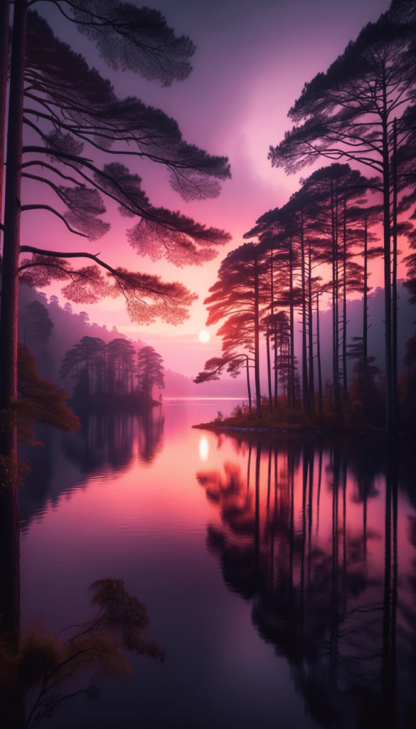 iPhone baggrunden fremviser en malerisk solopgang over en rolig sø, omkranset af silhuetter af træer. Himmelen har en dyb lilla og rosa farvetone, og solen kaster et blidt lys, der reflekteres i søens spejlblanke overflade. Atmosfæren er fredfyldt og drømmende.