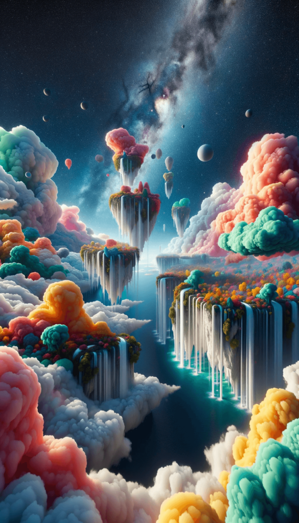 iPhone baggrunden fremviser en surrealistisk verden, fyldt med farverige skyformationer, der svæver over et spejlblankt vand. Hver sky har sin egen karakteristiske form og farve, fra blød rosa til dyb turkis. Vandfald strømmer ned fra skyerne, og små planeter og stjerner pryder den mørke himmel. Det hele skaber en drømmeagtig atmosfære, der indbyder til fordybelse og undren.