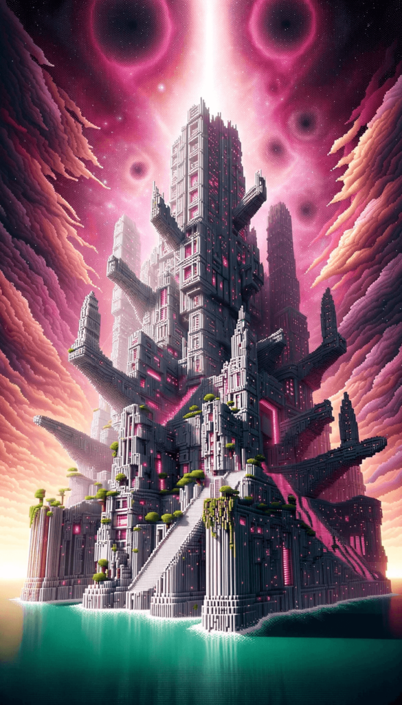 iPhone-baggrunden viser en futuristisk metropol under en purpur himmel. Byens tårne er oplyst af neonlys og omgivet af mystiske sorte huller. I forgrunden spejles byens lys i turkist vand.