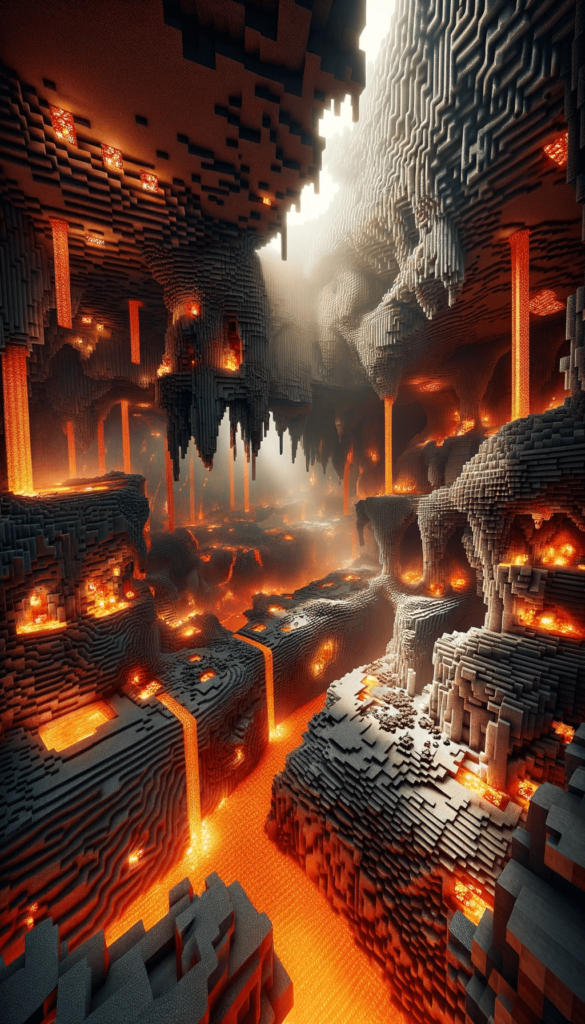 Pixeleret underjordisk landskab med glødende lavastrømme, hængende klippeformationer og et blegende lys udefra. Omgivelserne er præget af varme farver og intrikate detaljer. iPhone baggrund.