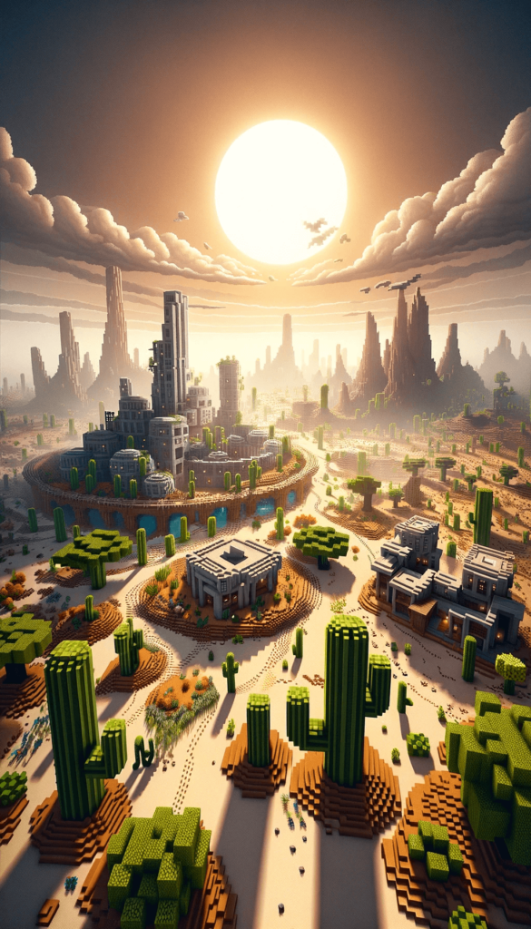 Futuristisk ørkenby i pixeleret design med moderne bygninger, kaktus og veje. En strålende sol hænger højt på himlen med fluffige skyer. iPhone baggrund.