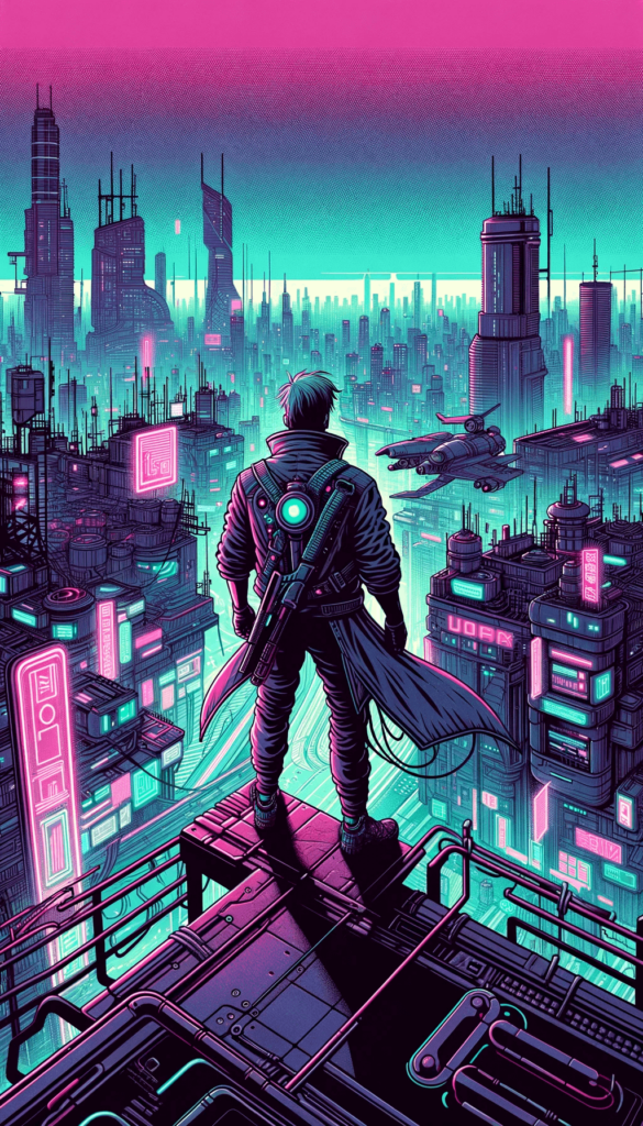 En figur i rustning står oven på en bygning og skuer ud over en neonoplyst futuristisk by. Byens højhuse bades i pink og blå nuancer, mens flyvende fartøjer bevæger sig mellem bygningerne. Atmosfæren emmer af science fiction og eventyr.