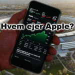 Hvem ejer Apple? Billede af Apples hovedkvarter og iPhone med Apple-aktien.