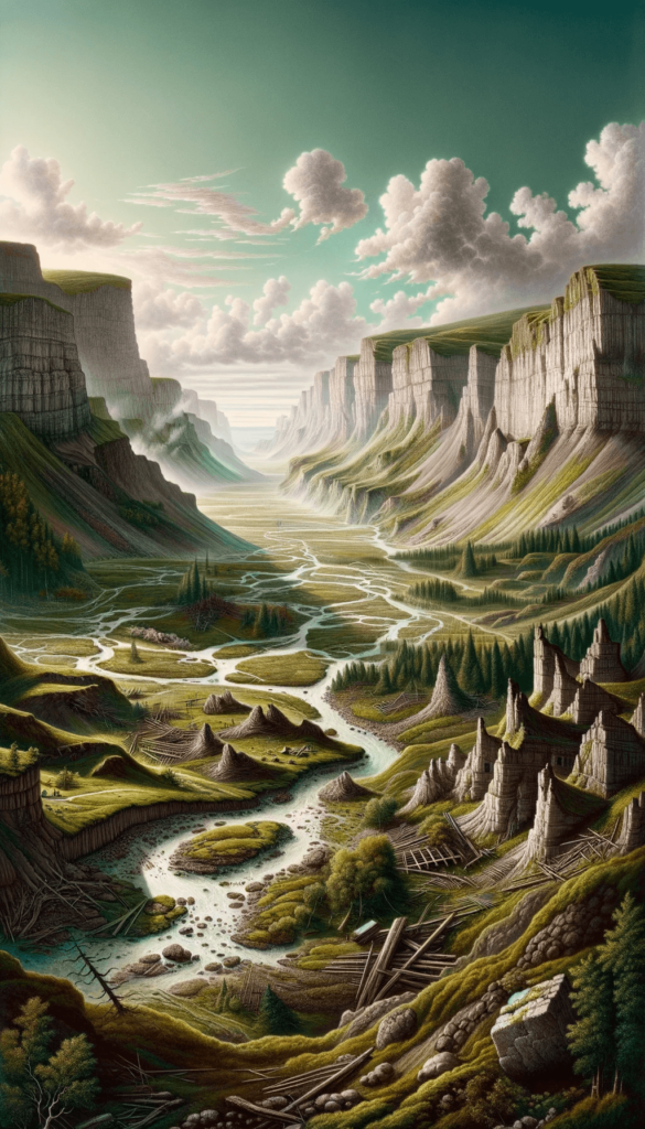 Denne iPhone bagggrund præsenterer en betagende dal flankeret af stejle klipper og frodige grønne bakker. Floder snor sig gennem dalen, og små øer med træer dotter landskabet. Træbroer og stier giver et hint om tidligere bosættelser, mens skyerne svæver majestætisk over scenen, hvilket tilføjer en følelse af ro.