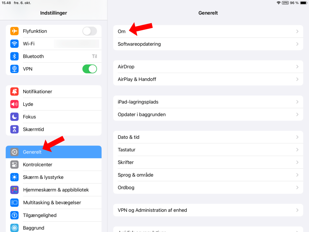 Indstillinger-menuen på iPad
