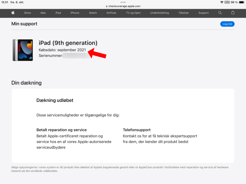 Tjek købsdatoen på iPad i Check Coverage-værktøjet