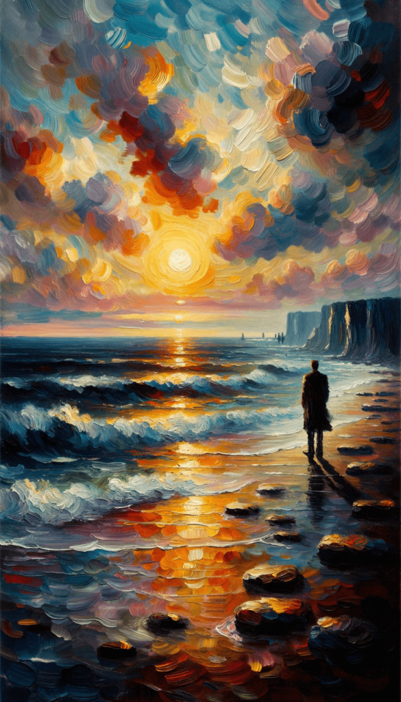 iPhone baggrunden fremviser en solnedgang ved havet, hvor den intense glød fra solen skaber et spektakulært lys på bølgerne. En ensom skikkelse står ved strandkanten og skuer ud over horisonten, mens himlen er fyldt med farverige, virvende skyer. Kunstværkets penselstrøg er dynamiske, og de varierede farver fanger stemningen ved kysten på et dybt emotionelt niveau.