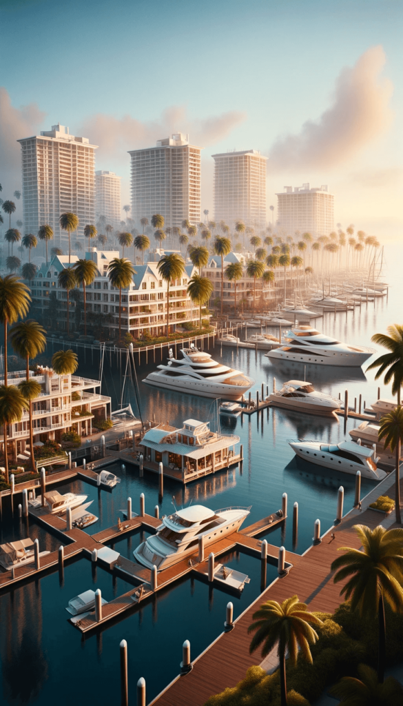 iPhone baggrunden viser en moderne marina med luksuriøse både fortøjet ved kajen. Flere højhuslejligheder rejser sig i baggrunden, og tropiske palmer pryder landskabet. Morgenlyset kaster en varm glød over sceneriet, mens reflektionerne i det rolige vand bidrager til en atmosfære af ro og velstand.