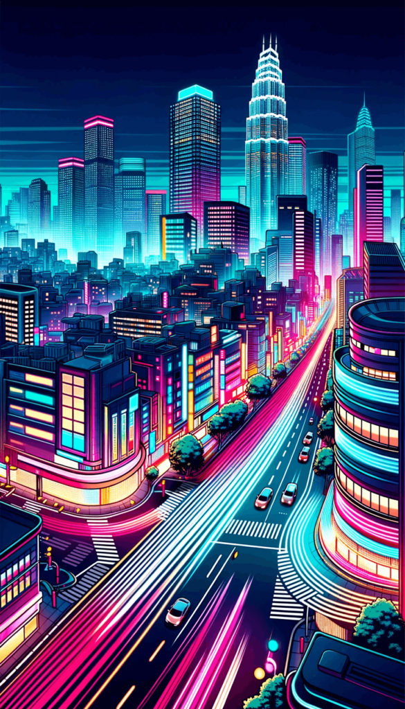 iPhone baggrunden fremstiller en neonoplyst storby ved nattetid. Byens skyskrabere strækker sig mod himlen med glødende farver, der reflekterer byens pulserende liv. En hovedvej skærer gennem bylandskabet, hvor bilerne efterlader lysstrømme i deres kølvand. Det detaljerede design og de levende farver skaber en futuristisk og elektrisk atmosfære.