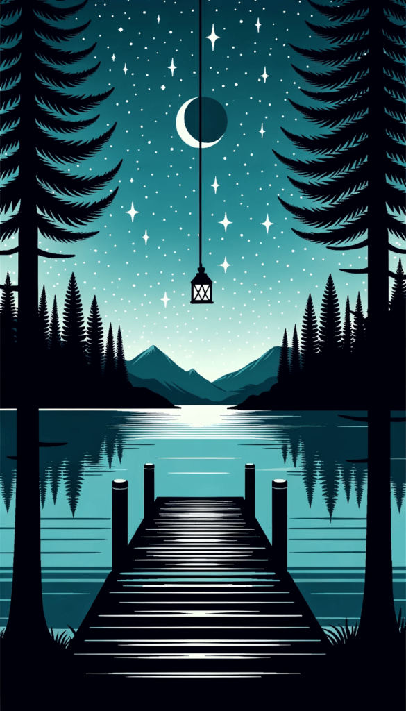 Denne iPhone baggrund fremstiller en stille nat ved en sø, omgivet af tætte fyrretræer og bjerge i baggrunden. Over søen hænger en lanterne fra en tynd tråd, mens en brygge fører betragterens blik ud mod vandet. Den klare nattehimmel er fyldt med stjerner, og en halvmåne kaster et blødt lys over scenen. Farveskalaen er kølig og atmosfærisk, og hele scenariet udstråler ro og fordybelse.
