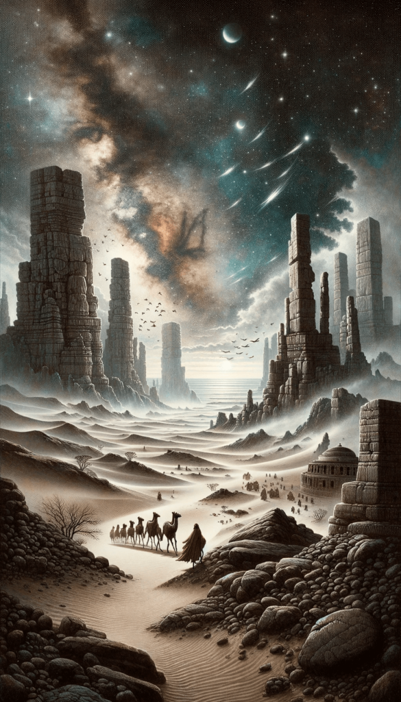 iPhone baggrunden fremviser en ørkenlandskab præget af massive stenformationer, der rager op mod en stjerneklar himmel. Himmelen er dramatisk, domineret af en kosmisk skønhed med meteorer og fjerne planeter. I forgrunden ser vi en karavane, ledet af en skikkelse iført traditionel klædning, der passerer forbi en gammel bygning. Landskabet er storslået og tilsyneladende uberørt af tiden.