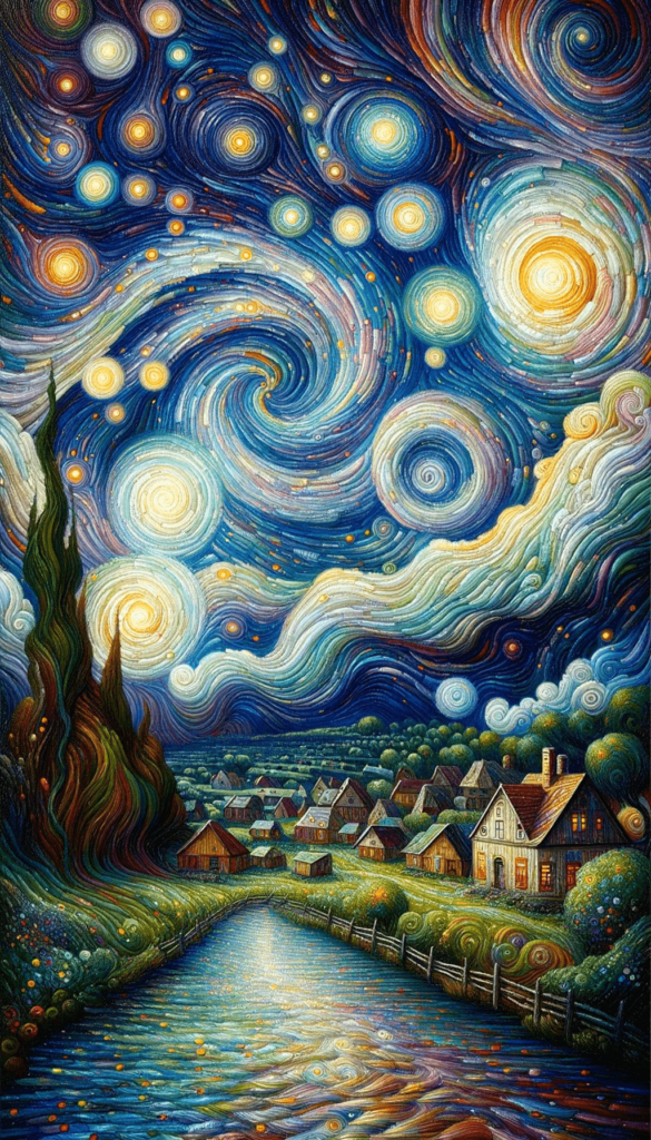 iPhone baggrunden portrætterer en landsby om natten med en pulserende, stjernet himmel, der svæver over. Himmelen er fyldt med hvirvlende, lyse mønstre og strålende cirkler, der minder om stjerner og planeter. I forgrunden ses en stille flod, der reflekterer nattehimmelens lys. På flodens bred vokser et stort, snoet træ. Bag træet udfolder landsbyen sig med charmerende huse, belyste vinduer og bølgende bakker. Billedets farver er levende og intense, med et overvejende blåt, grønt og gyldent skær. Hele scenen er indhyllet i en drømmende og magisk atmosfære.