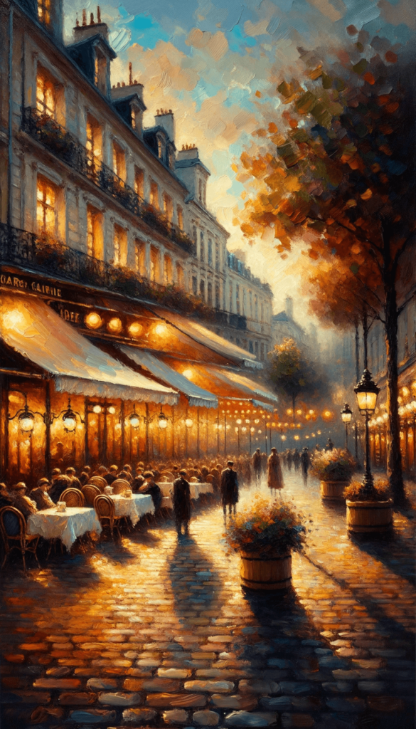 iPhone baggrunden fremstiller en stemningsfuld scene fra en aften i en europæisk by, sandsynligvis Paris. Historiske bygninger rækker op mod en dyb blå himmel med fragmenter af gylden skumring. På gadens niveau blinker lygterne fra en café, hvor gæster sidder udenfor under et stribet markise. Mennesker vandrer langs brostensbelagte gader, og lysene fra caféen kaster et varmt skær over dem. Nogle sidder ved borde og nyder selskab og måltider, mens andre går. Det stærke lys fra caféen kontrasterer med de dybe skygger og det svagt oplyste brostensgulv, hvilket skaber en intim og hyggelig atmosfære. Maleriets farvepalet er præget af varme toner i gyldne, brune og orange nuancer.
