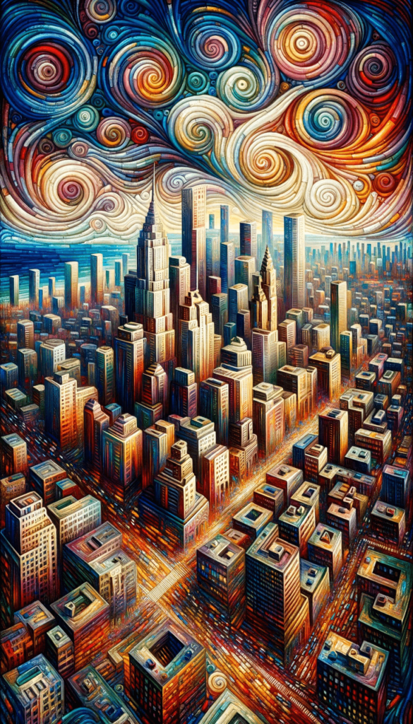 iPhone baggrunden viser en urban skyline domineret af en hvirvel af farverige skyer. Byens bygninger, malet i levende farver, strækker sig mod en himmel fyldt med spiralformede mønstre, der skaber en surrealistisk stemning over det moderne bylandskab.