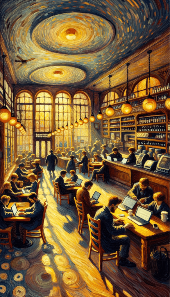 iPhone baggrunden fremviser et cafe-interiør med gæster nedsænket i læsning og skrivning, belyst af gyldne lamper. Den maleriske himmel på loftet tilføjer en drømmende stemning til scenen.