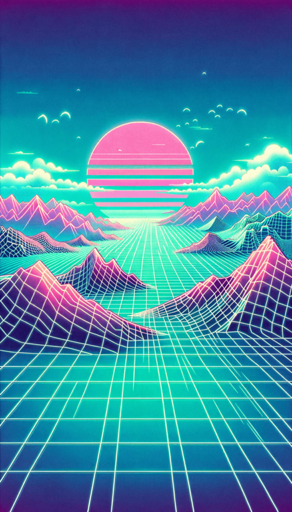 iPhone baggrunden præsenterer en futuristisk og neon-farvet landskab med digitale bjerge og et stort solsymbol. Den elektroniske æstetik giver associationer til 80'ernes synthwave-kultur.