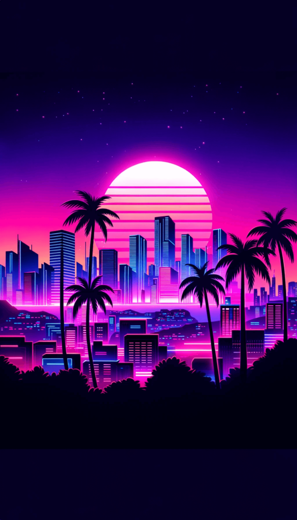 iPhone baggrunden fremviser en vibrerende bysilhuet med moderne skyskrabere belyst af neonfarver. Forgrunden præsenterer palmer, mens en gigantisk sol går ned bag byens skyline. Dette kunstværk minder om retrofuturistisk æstetik fra 80'erne.
