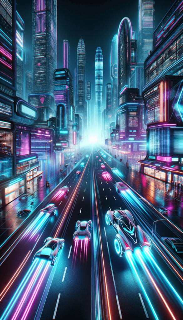 Denne iPhone baggrund skildrer en futuristisk metropol om natten, domineret af imponerende skyskrabere oplyst af levende neonfarver. En hovedvej snor sig gennem byens centrum, hvor futuristiske biler bevæger sig med høj hastighed, efterlader lysstrømme i deres kølvand. Byens arkitektur og transportmiddelvalg antyder en avanceret teknologisk æra.