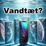 Mockup af iPhones under vandet, hvor en af dem har fået en vandskade. Teksten på billedet er "iPhone vandtæt?".