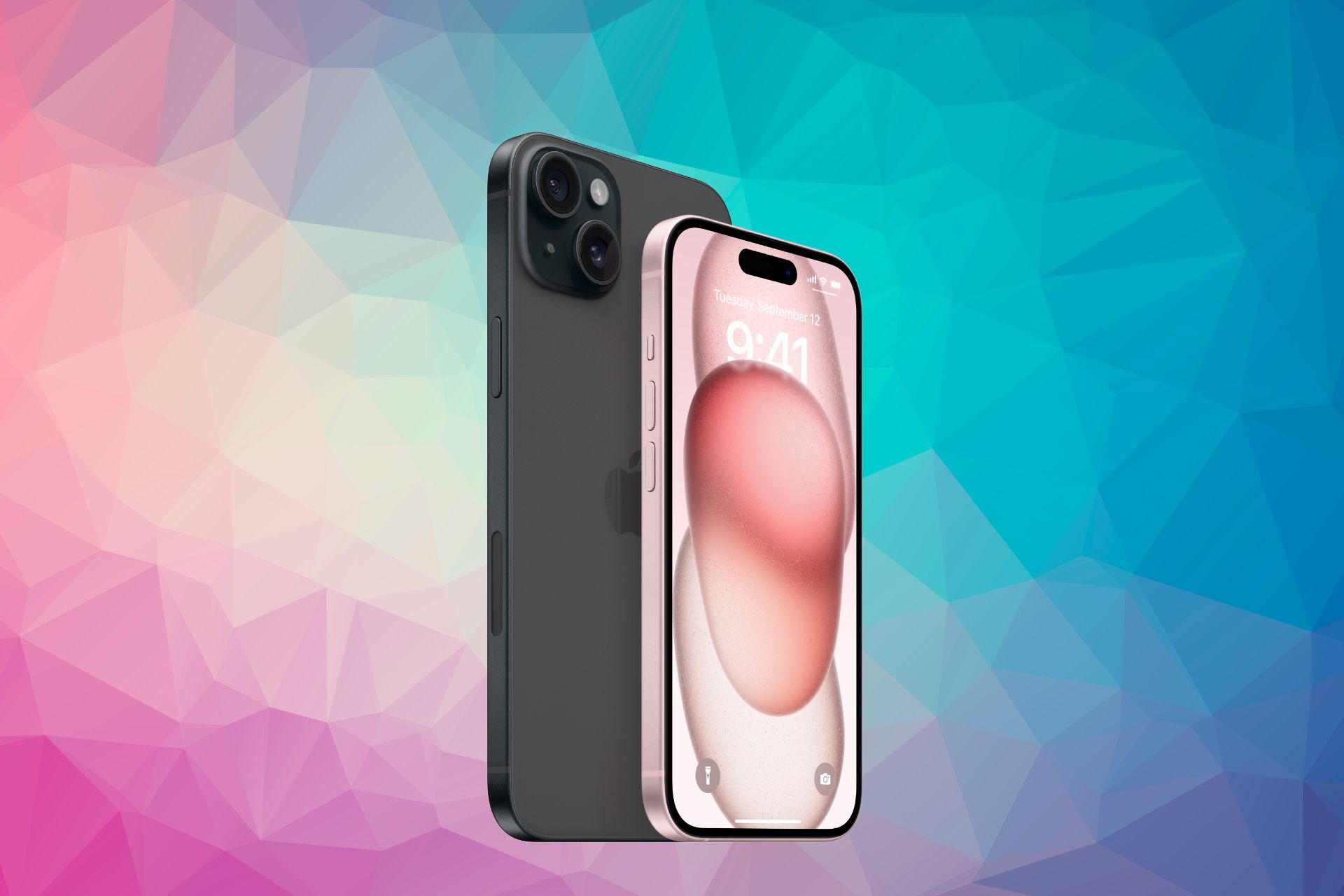 iPhone 15 grafik med geometrisk baggrund