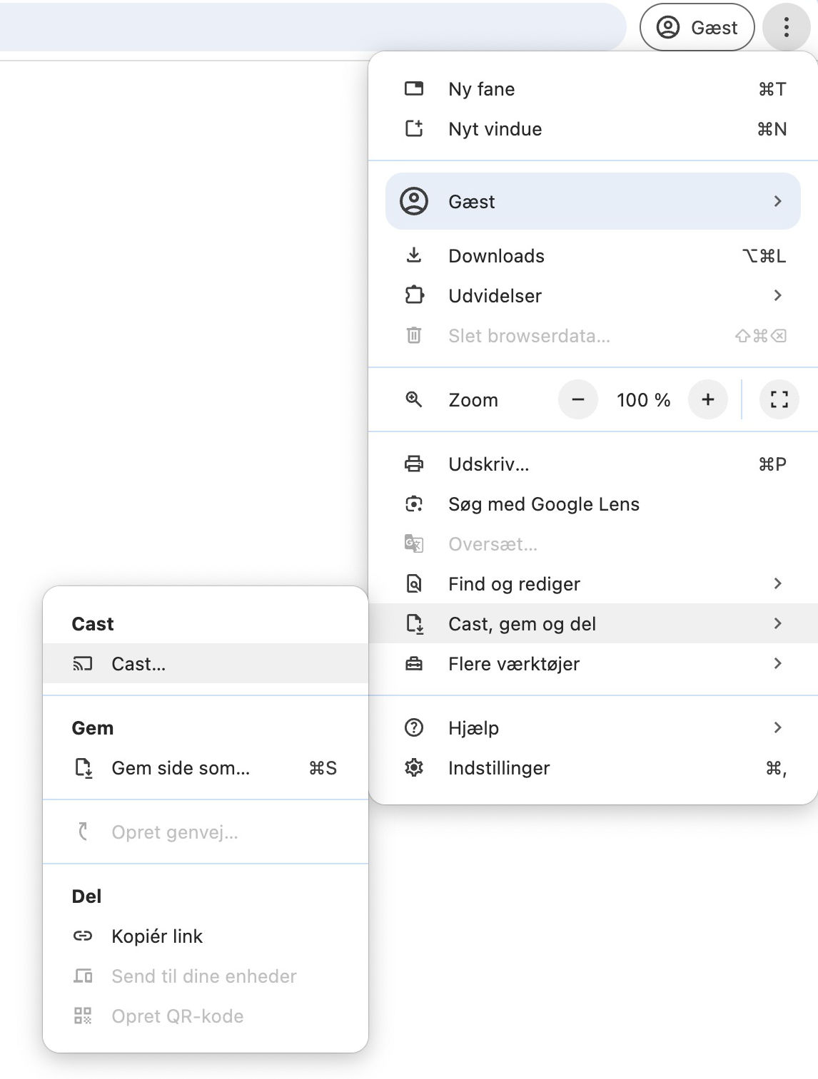Cast, gem og del i Chrome-menuen